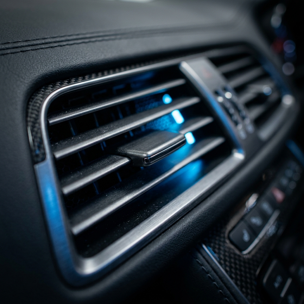 Närbild på ventilationsutblås med blå belysning
