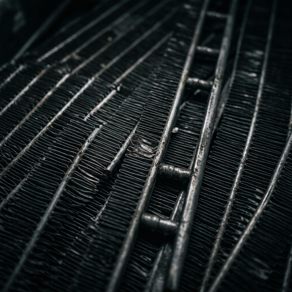 Närbild på kondensorfenor i ett bilens klimatsystem