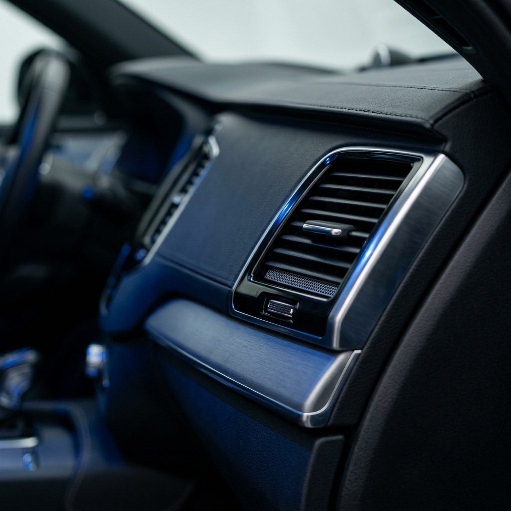 Närbild på AC-ventil i modern bilinteriör