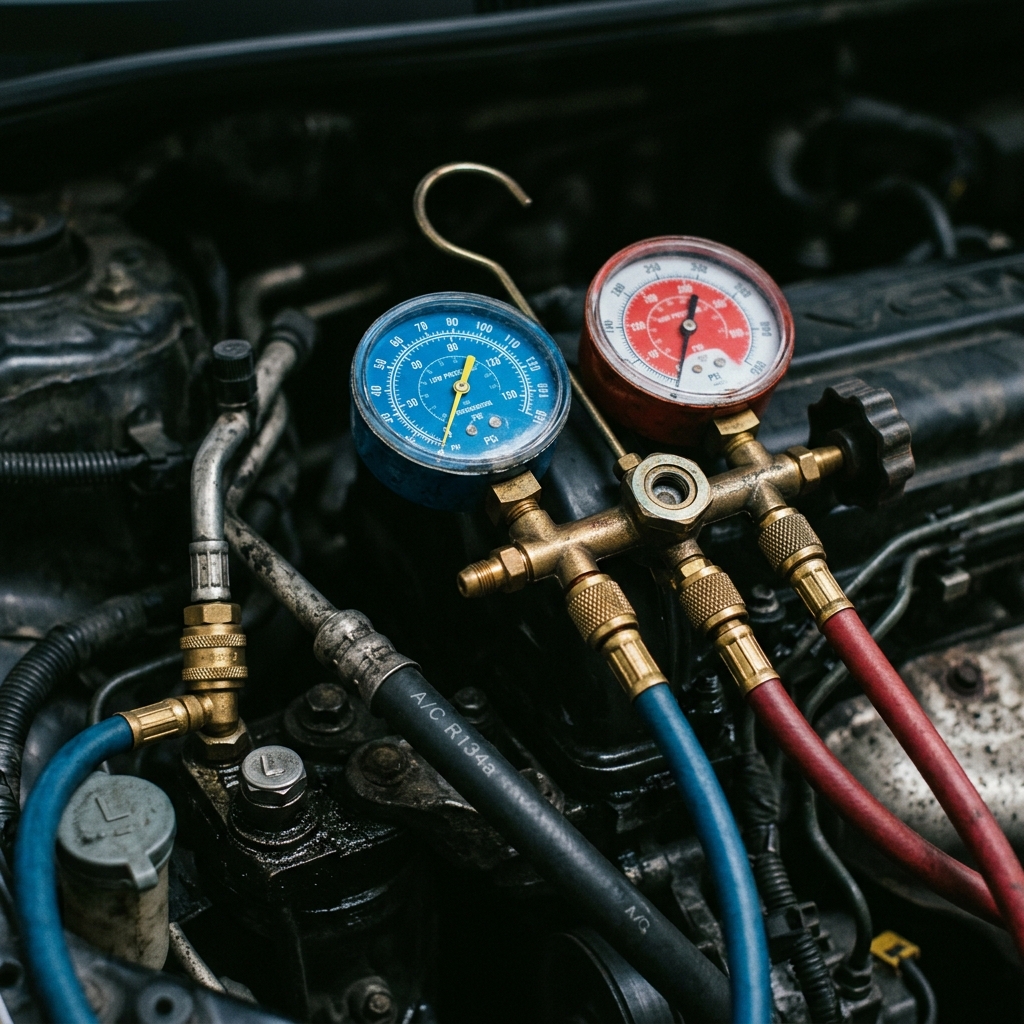 Tryckmätare och slangar kopplade till ett AC-systems serviceport