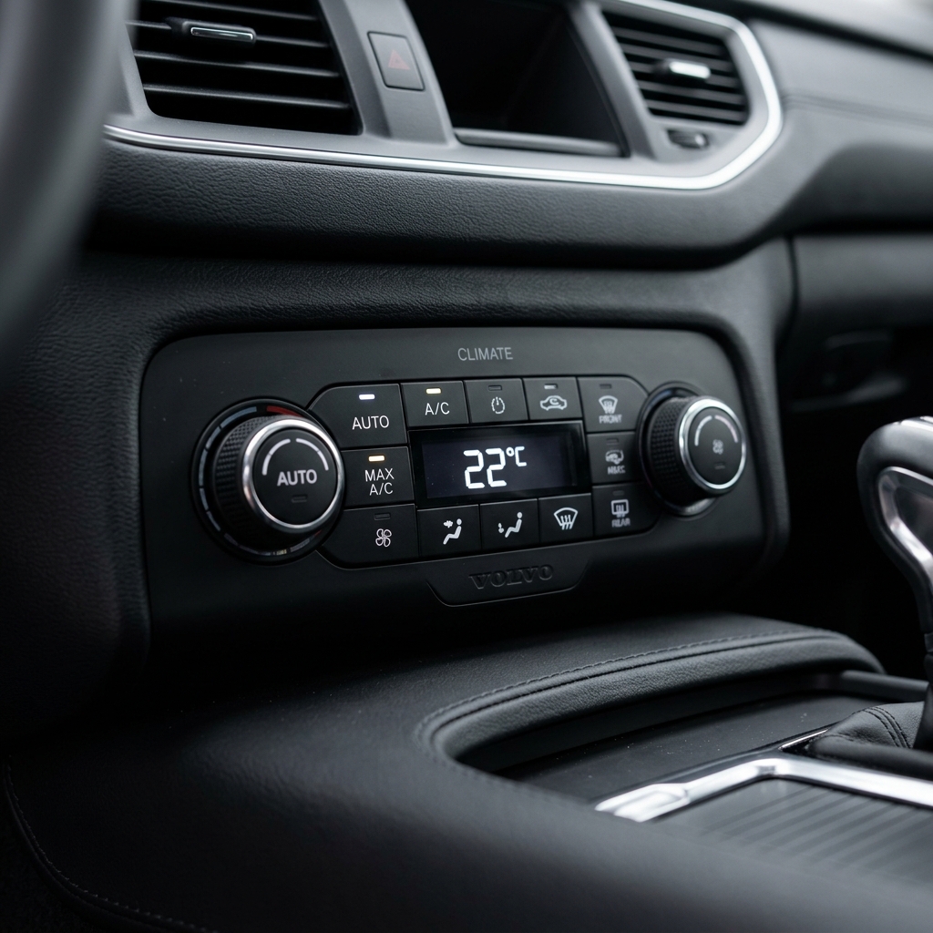 Närbild på bilens klimatpanel och AC-reglage
